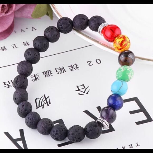 (3) Essential Oil Diffuser Chakra Black Lava Rock Stone Bead Bracelets, Gold - Picture 2 of 5